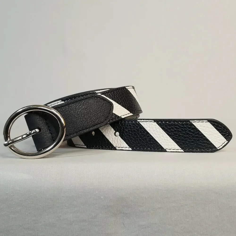 💎Talbots Women’s Navy White Diagonal Stripe Leather Belt Size Large-X Large